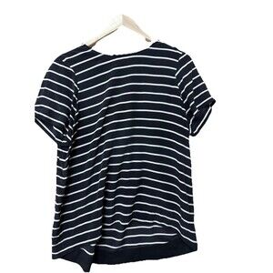 Madewell Silk Blend Navy White Stripe Short Sleeve Top Size L Back Zip BIN2